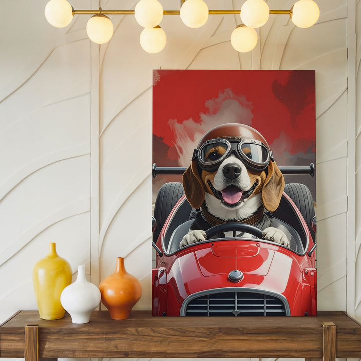 Beagle Racer Canvas – Whimsical Dog Driving Vintage Race Car Art - Gifitto