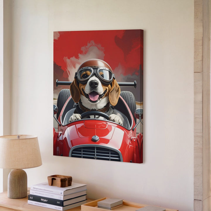 Beagle Racer Canvas – Whimsical Dog Driving Vintage Race Car Art - Gifitto