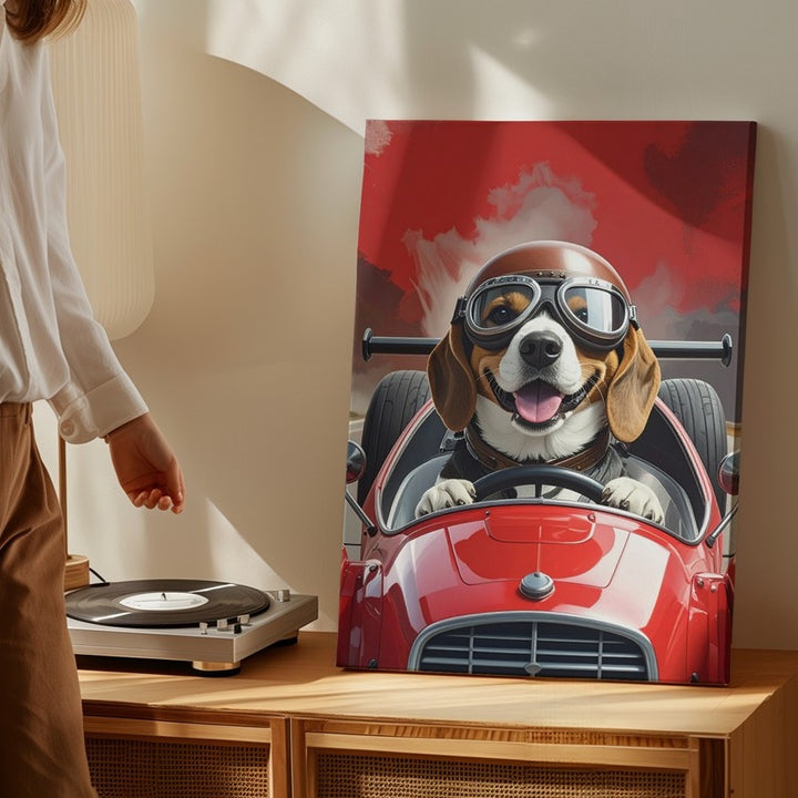 Beagle Racer Canvas – Whimsical Dog Driving Vintage Race Car Art - Gifitto