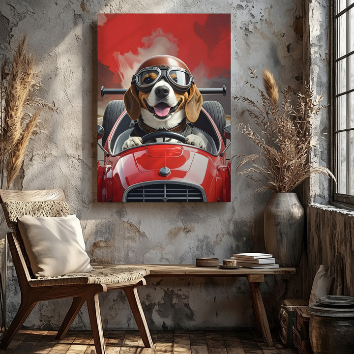 Beagle Racer Canvas – Whimsical Dog Driving Vintage Race Car Art - Gifitto