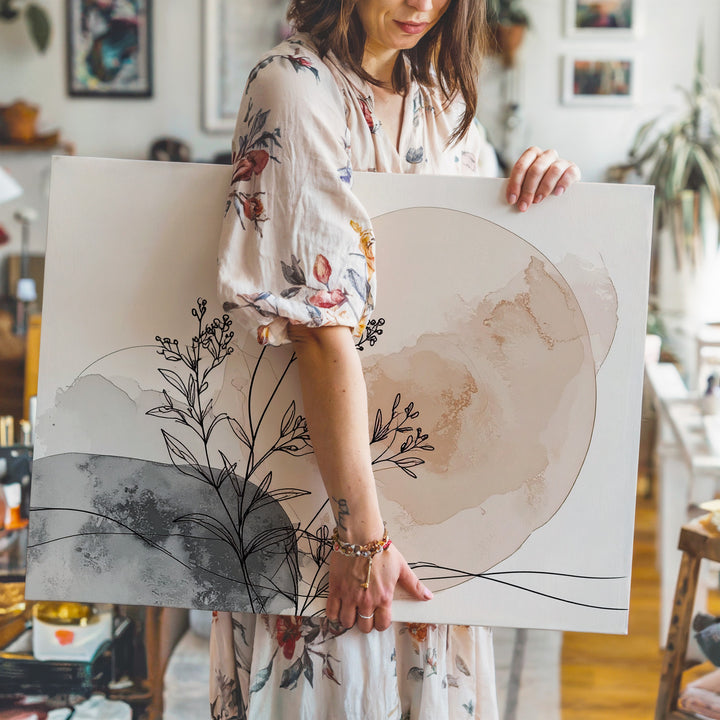 Line & Bloom Canvas – Minimalist Botanical Illustration with Neutral Watercolor - Gifitto