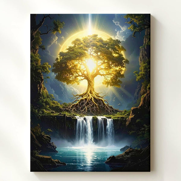 Mystical Tree of Life Canvas – Glowing Roots & Cascading Waterfall Art - Gifitto
