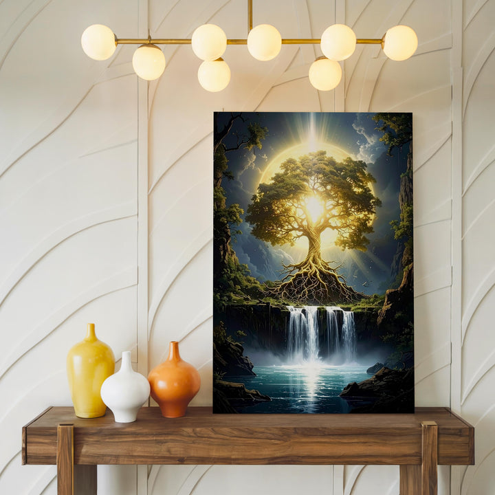 Mystical Tree of Life Canvas – Glowing Roots & Cascading Waterfall Art - Gifitto