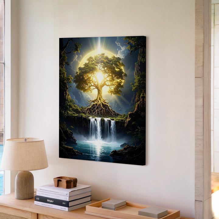 Mystical Tree of Life Canvas – Glowing Roots & Cascading Waterfall Art - Gifitto