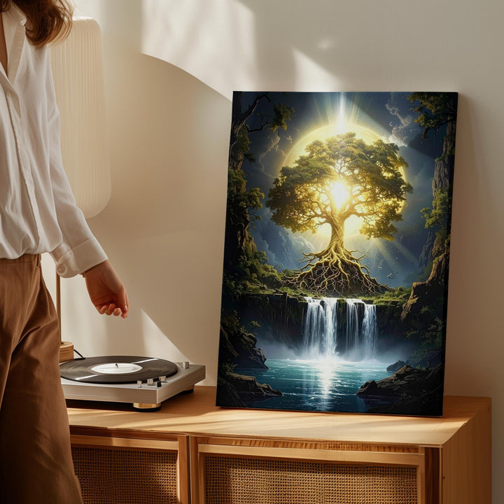 Mystical Tree of Life Canvas – Glowing Roots & Cascading Waterfall Art - Gifitto