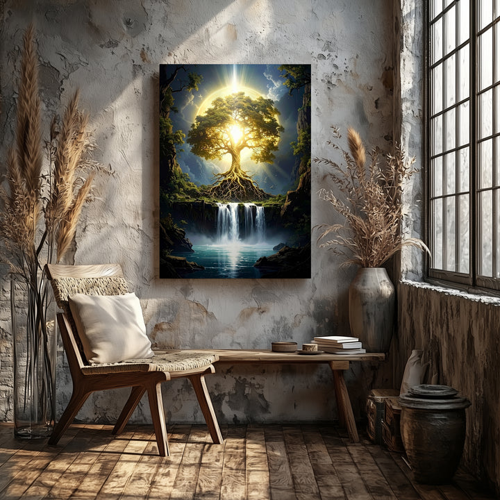 Mystical Tree of Life Canvas – Glowing Roots & Cascading Waterfall Art - Gifitto