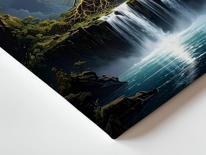 Mystical Tree of Life Canvas – Glowing Roots & Cascading Waterfall Art - Gifitto