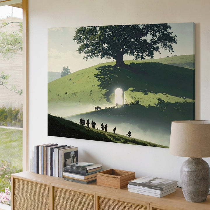 Keyhole Portal Canvas – Silhouette of Sacred Hill and Glowing Tree Wall Art - Gifitto