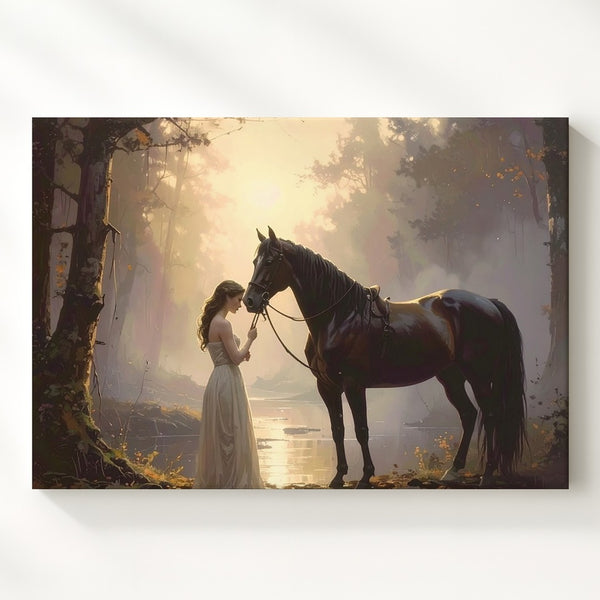 Twilight Bond Canvas – Romantic Woman & Horse in Golden Forest - Gifitto