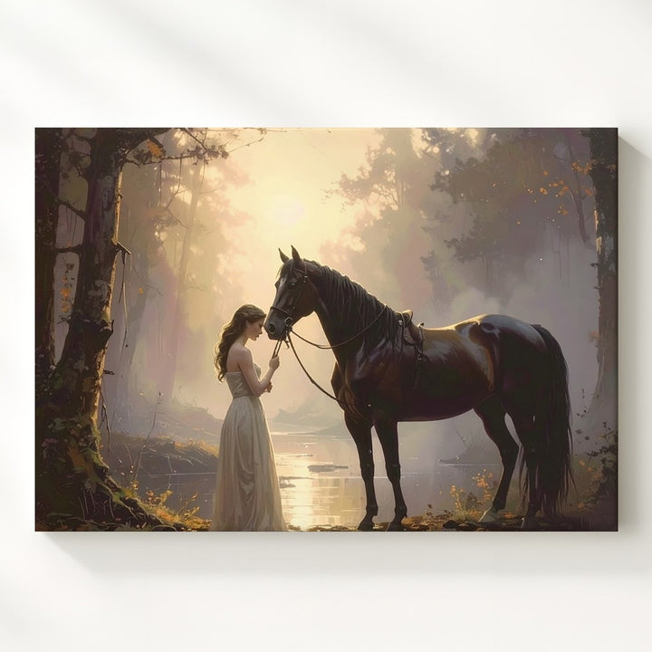 Twilight Bond Canvas – Romantic Woman & Horse in Golden Forest - Gifitto