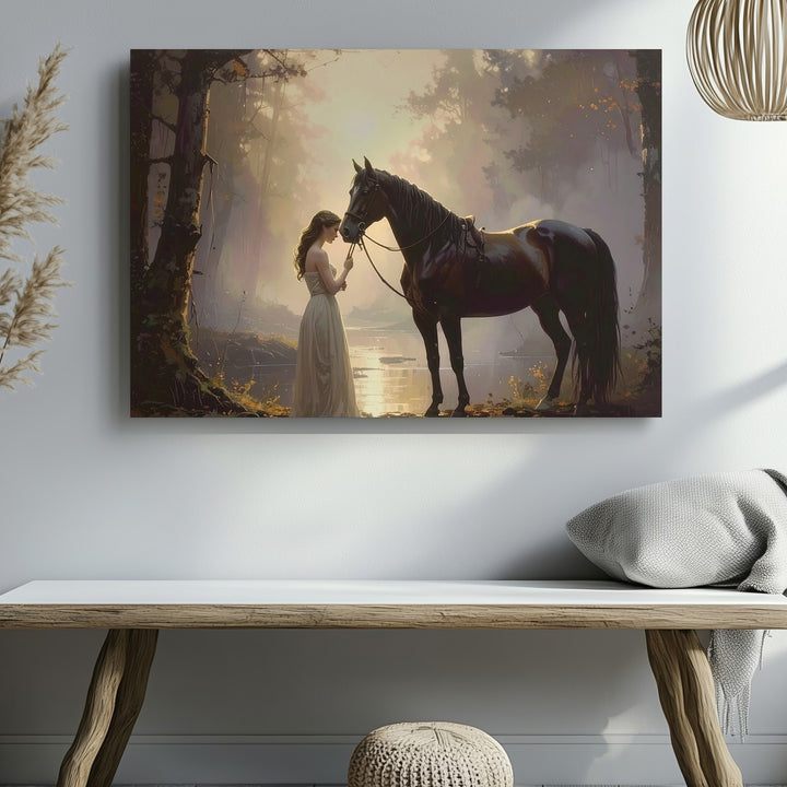 Twilight Bond Canvas – Romantic Woman & Horse in Golden Forest - Gifitto