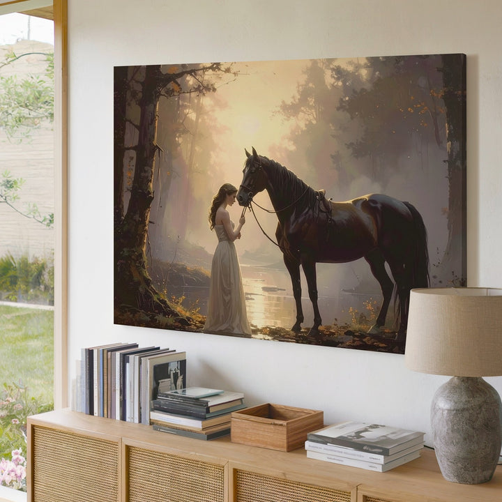 Twilight Bond Canvas – Romantic Woman & Horse in Golden Forest - Gifitto