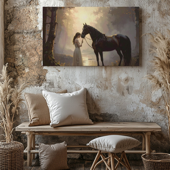 Twilight Bond Canvas – Romantic Woman & Horse in Golden Forest - Gifitto