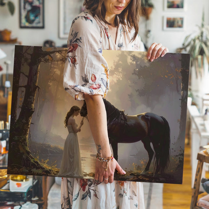 Twilight Bond Canvas – Romantic Woman & Horse in Golden Forest - Gifitto