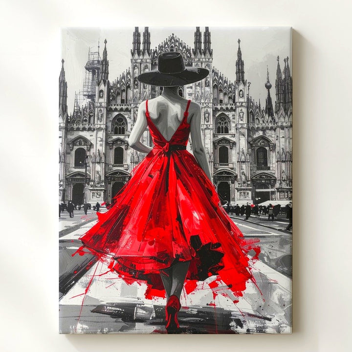Red Dress Woman Walking Toward Gothic Cathedral Canvas – Elegant Fashion Art - Gifitto