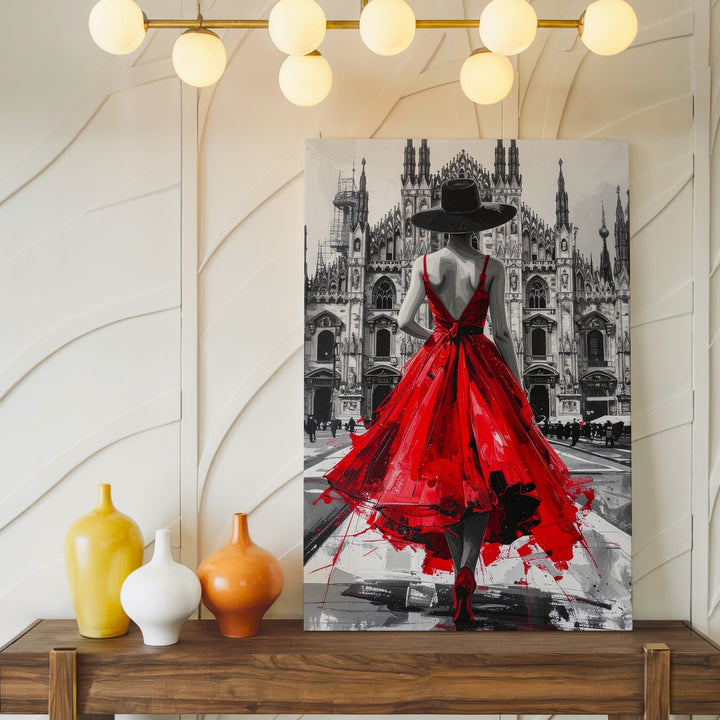 Red Dress Woman Walking Toward Gothic Cathedral Canvas – Elegant Fashion Art - Gifitto