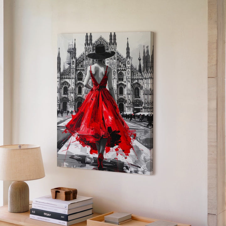 Red Dress Woman Walking Toward Gothic Cathedral Canvas – Elegant Fashion Art - Gifitto