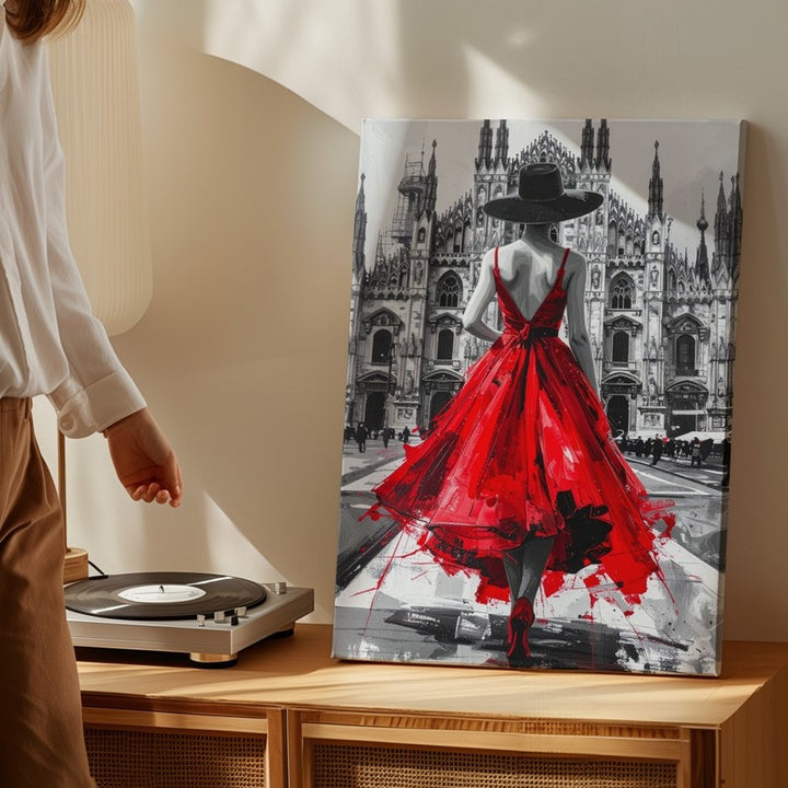 Red Dress Woman Walking Toward Gothic Cathedral Canvas – Elegant Fashion Art - Gifitto