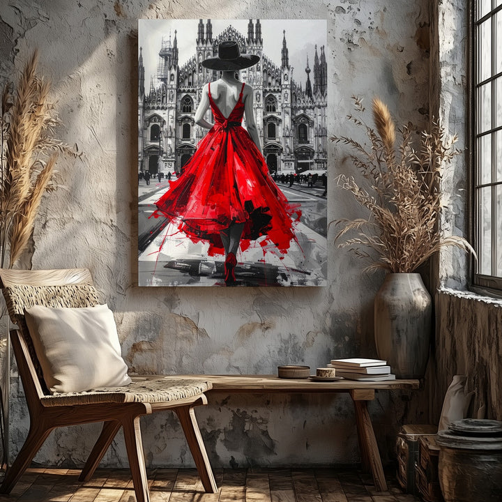 Red Dress Woman Walking Toward Gothic Cathedral Canvas – Elegant Fashion Art - Gifitto