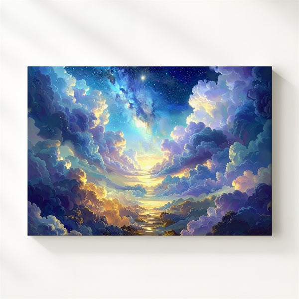 Ethereal Skyscape Canvas – Fluffy Clouds and Golden Lavender Stairway - Gifitto
