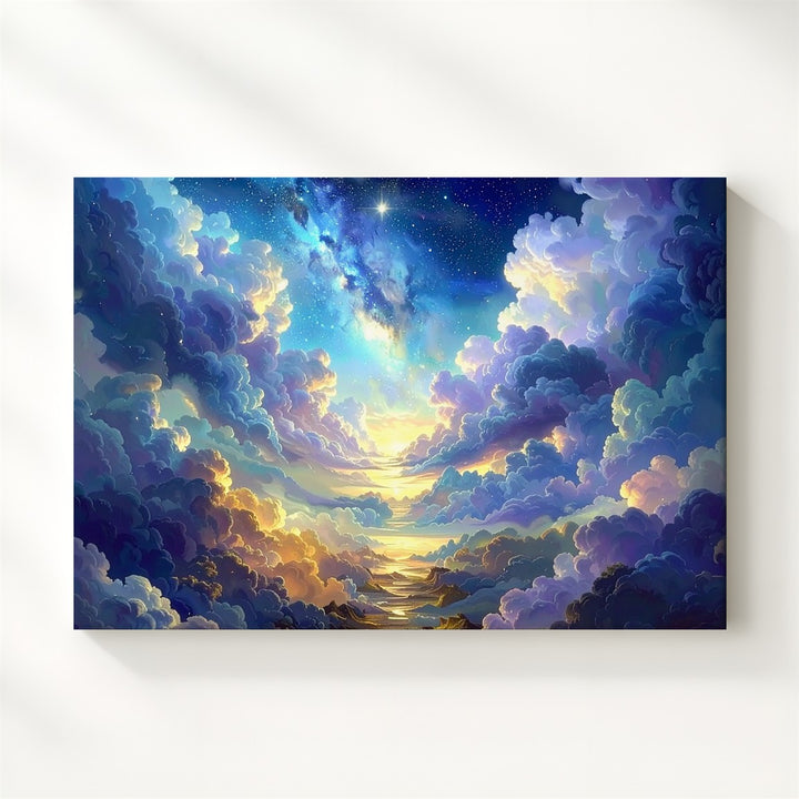 Ethereal Skyscape Canvas – Fluffy Clouds and Golden Lavender Stairway - Gifitto