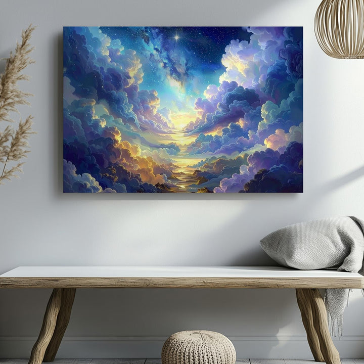 Ethereal Skyscape Canvas – Fluffy Clouds and Golden Lavender Stairway - Gifitto