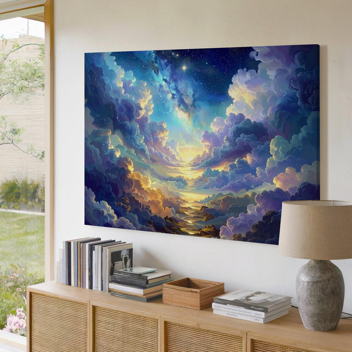 Ethereal Skyscape Canvas – Fluffy Clouds and Golden Lavender Stairway - Gifitto