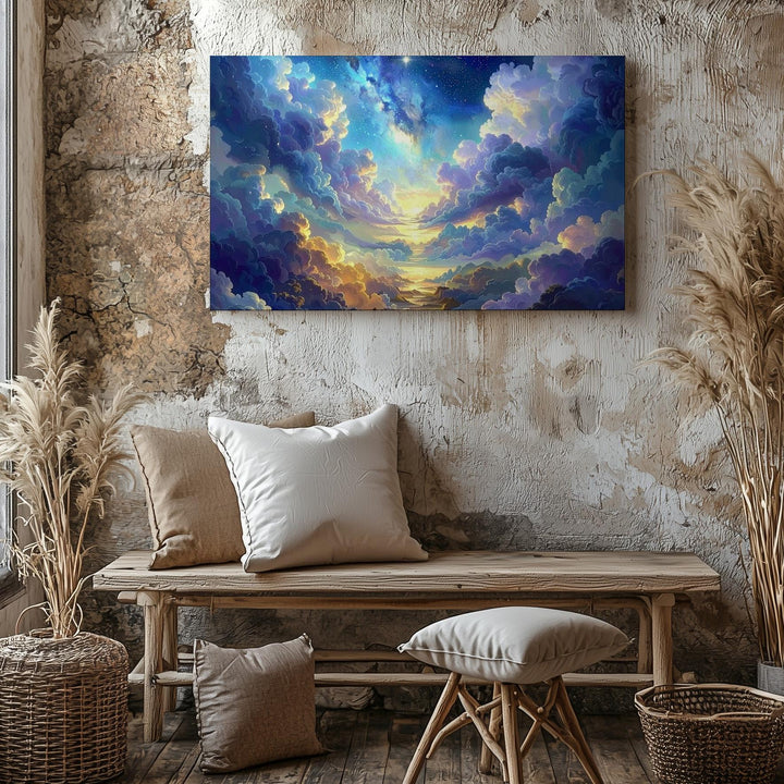 Ethereal Skyscape Canvas – Fluffy Clouds and Golden Lavender Stairway - Gifitto