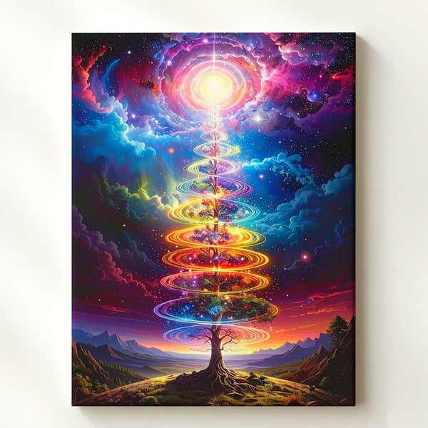Cosmic Tree of Life Canvas – Spiraling Energy & Starry Sky Art - Gifitto