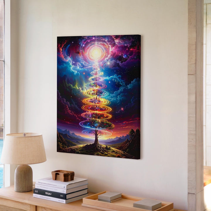 Cosmic Tree of Life Canvas – Spiraling Energy & Starry Sky Art - Gifitto