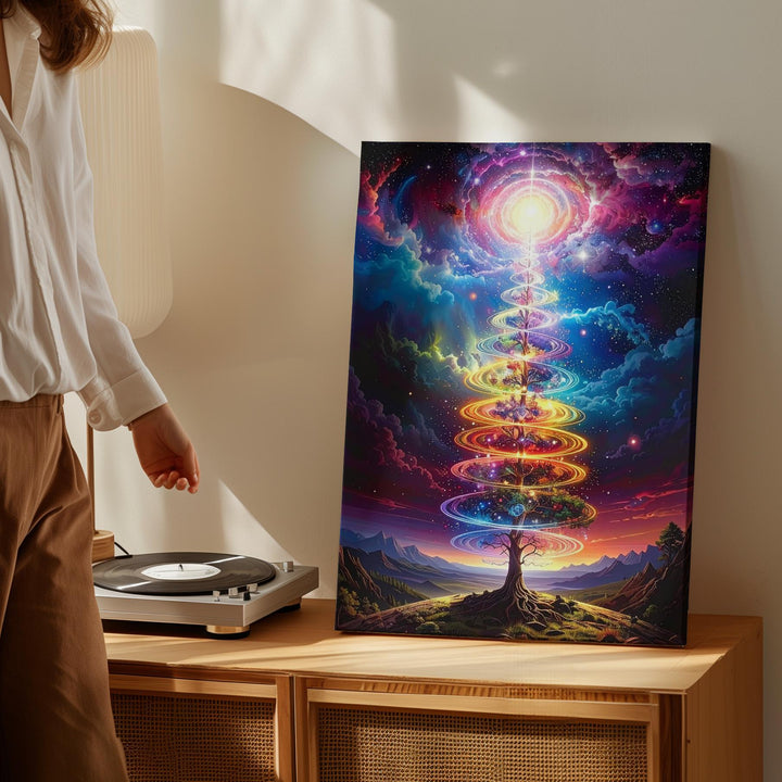 Cosmic Tree of Life Canvas – Spiraling Energy & Starry Sky Art - Gifitto