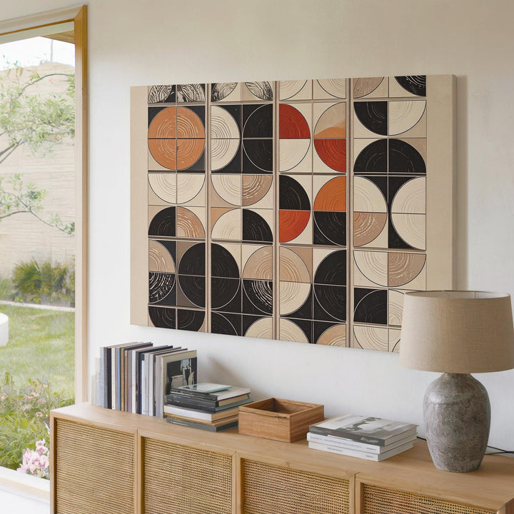 Modernist Grid Rhythm Canvas – Geometric Circles on Beige - Gifitto
