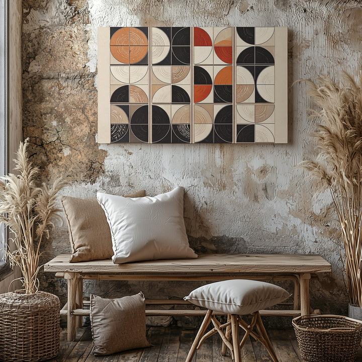 Modernist Grid Rhythm Canvas – Geometric Circles on Beige - Gifitto