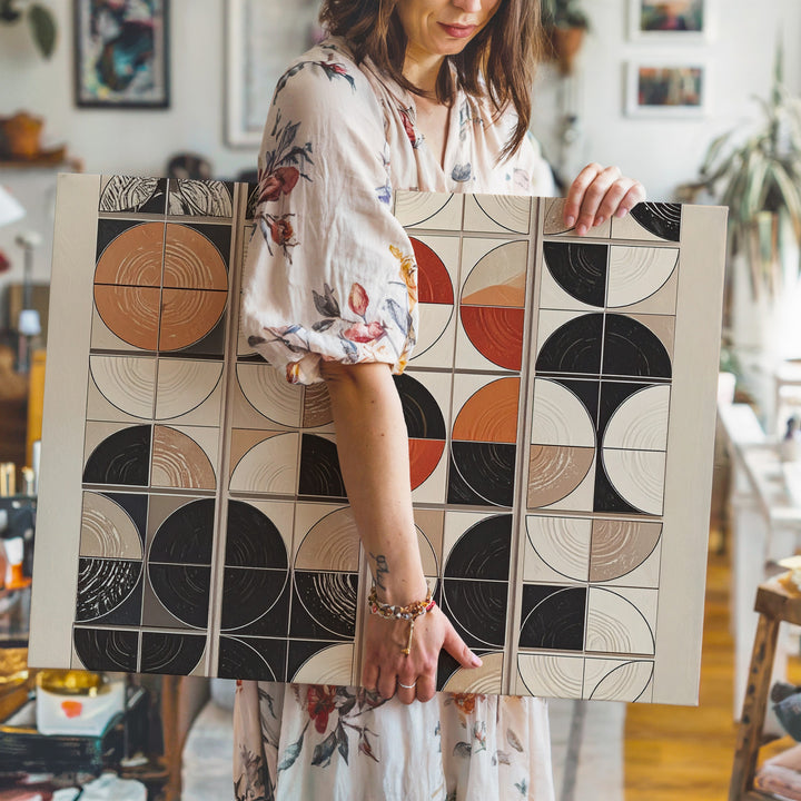 Modernist Grid Rhythm Canvas – Geometric Circles on Beige - Gifitto