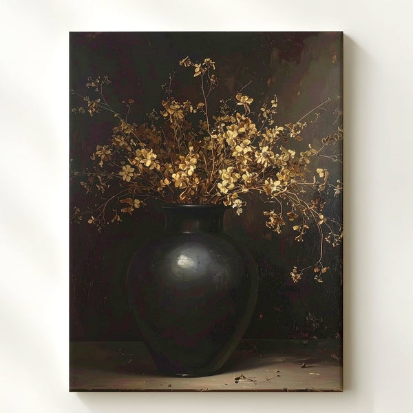 Moody Still Life Canvas – Black Vase & Dried Golden Flowers - Gifitto