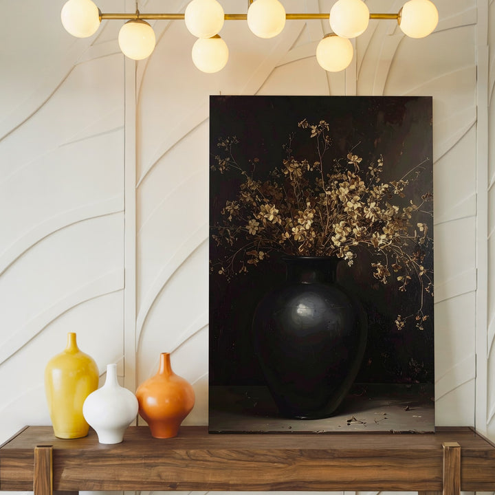 Moody Still Life Canvas – Black Vase & Dried Golden Flowers - Gifitto