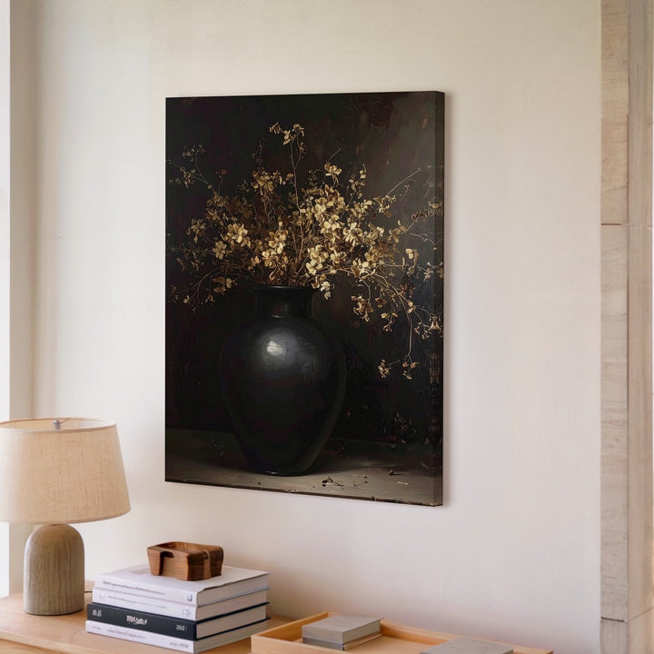 Moody Still Life Canvas – Black Vase & Dried Golden Flowers - Gifitto