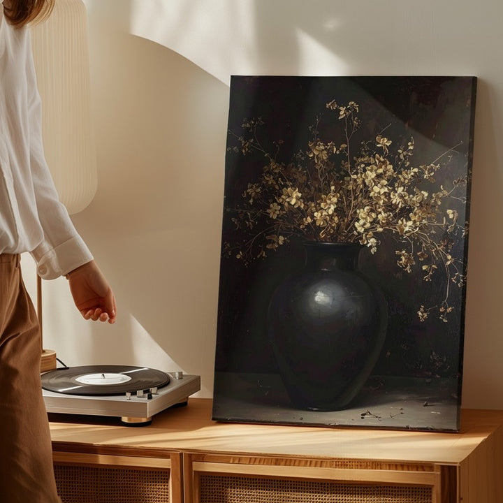 Moody Still Life Canvas – Black Vase & Dried Golden Flowers - Gifitto