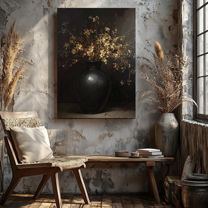 Moody Still Life Canvas – Black Vase & Dried Golden Flowers - Gifitto