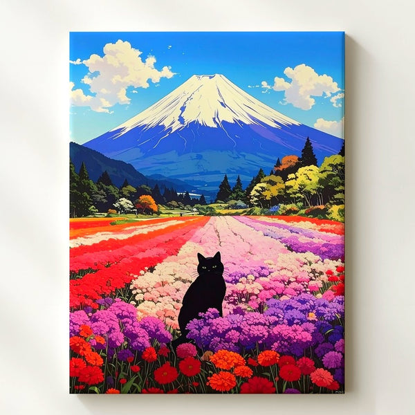 Black Cat in Blooming Field Canvas – Whimsical Mount Fuji Landscape Art - Gifitto
