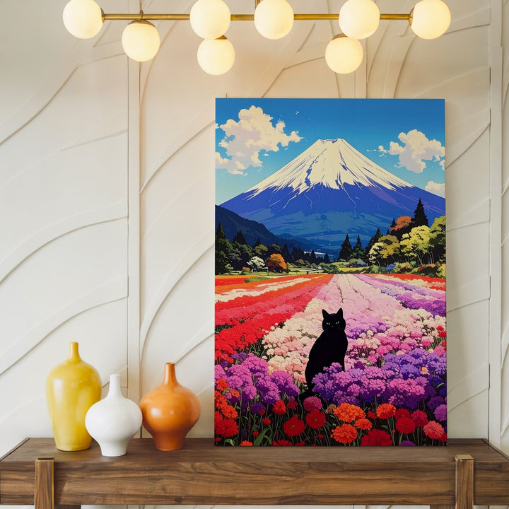 Black Cat in Blooming Field Canvas – Whimsical Mount Fuji Landscape Art - Gifitto