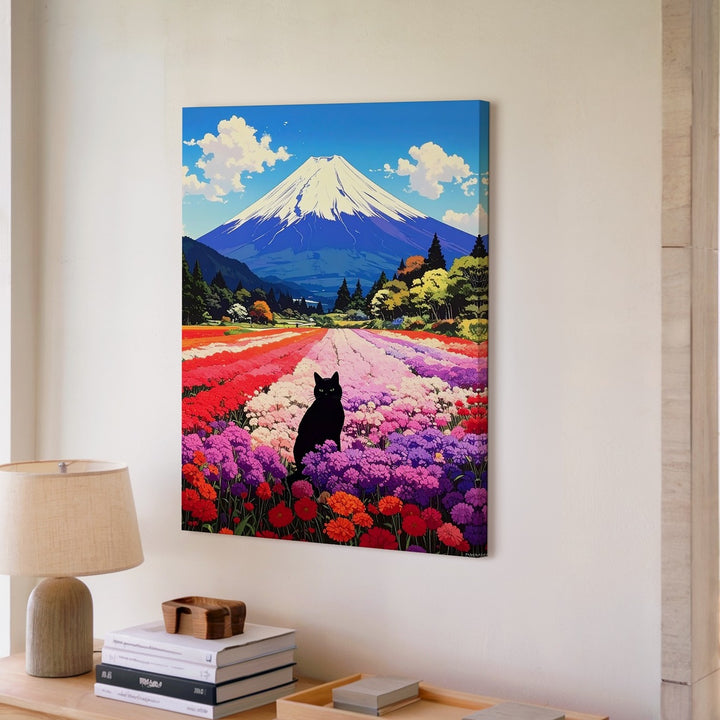 Black Cat in Blooming Field Canvas – Whimsical Mount Fuji Landscape Art - Gifitto
