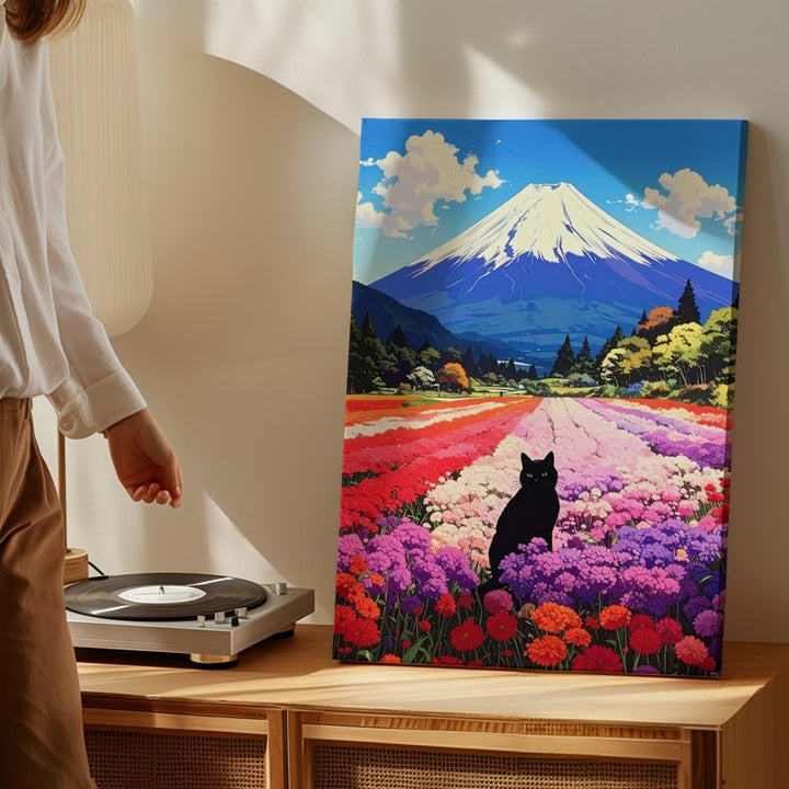 Black Cat in Blooming Field Canvas – Whimsical Mount Fuji Landscape Art - Gifitto