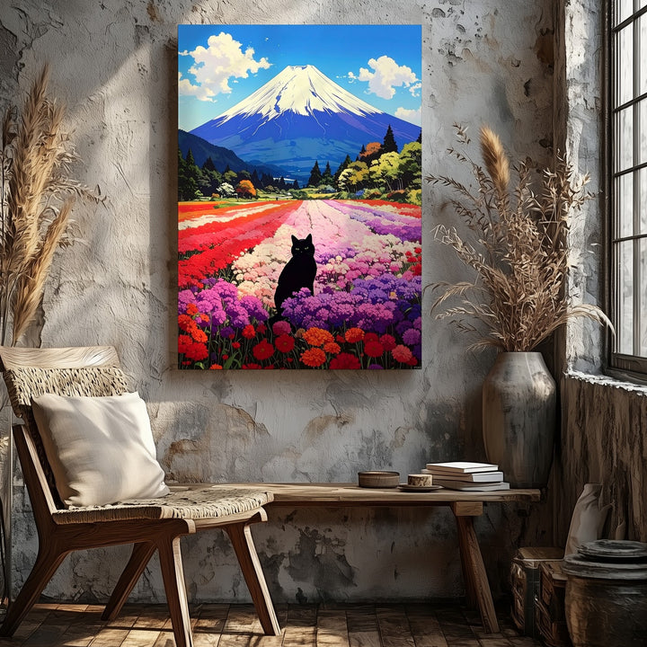 Black Cat in Blooming Field Canvas – Whimsical Mount Fuji Landscape Art - Gifitto