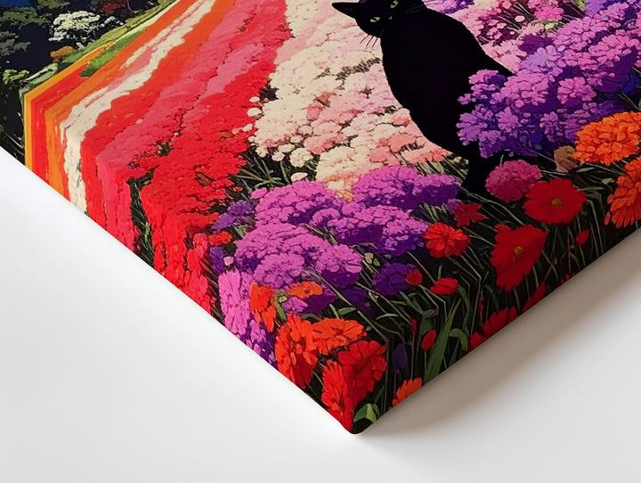 Black Cat in Blooming Field Canvas – Whimsical Mount Fuji Landscape Art - Gifitto
