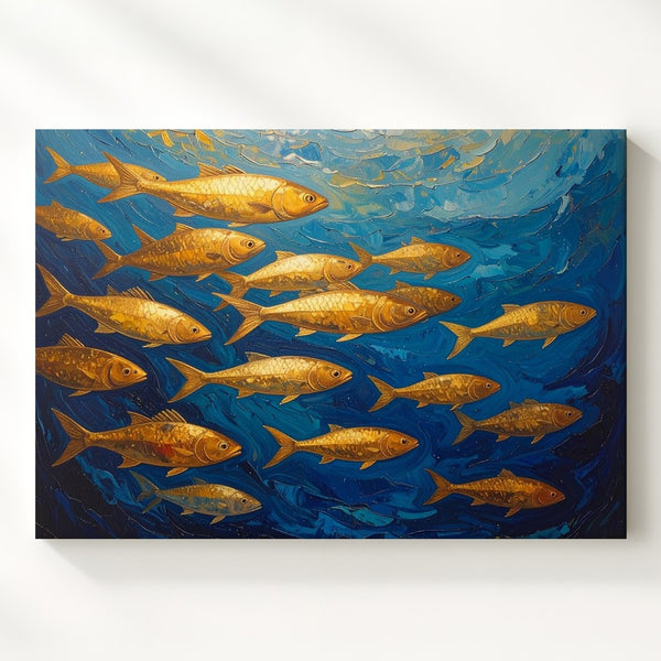 Golden Fish School Canvas – Abstract Underwater Art with Modern Brushwork