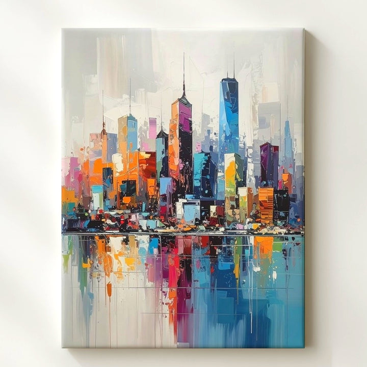 Vibrant Abstract City Skyline Canvas – Colorful Reflections on Water - Gifitto