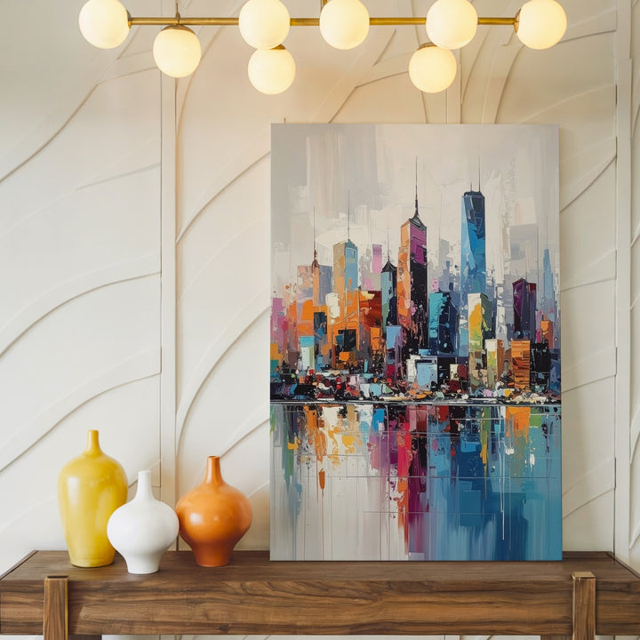 Vibrant Abstract City Skyline Canvas – Colorful Reflections on Water - Gifitto