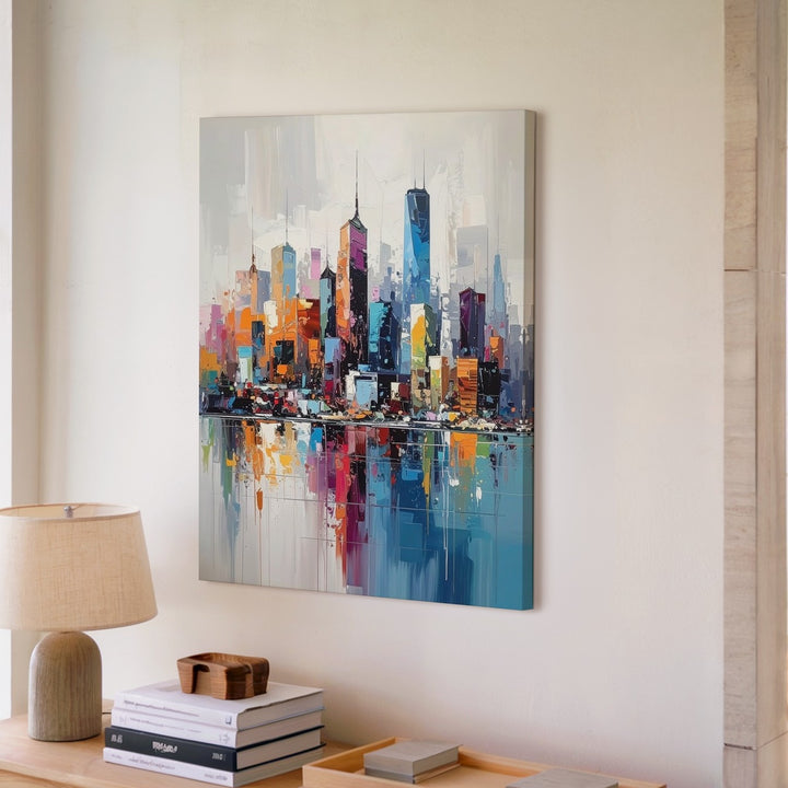 Vibrant Abstract City Skyline Canvas – Colorful Reflections on Water - Gifitto