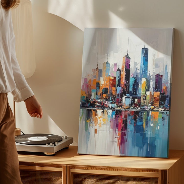 Vibrant Abstract City Skyline Canvas – Colorful Reflections on Water - Gifitto